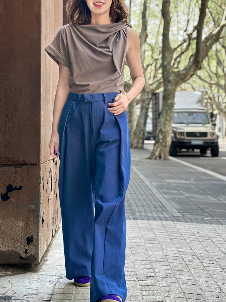 Surprise Sale! Taupe Grey Asymmetric Tie Knot Detail Boat Neck Tee