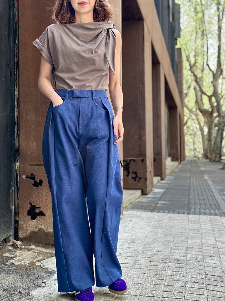 Surprise Sale! Taupe Grey Asymmetric Tie Knot Detail Boat Neck Tee