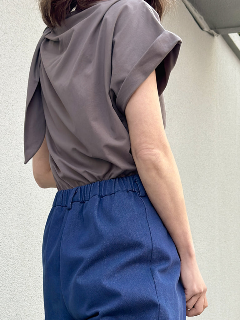 Surprise Sale! Taupe Grey Asymmetric Tie Knot Detail Boat Neck Tee