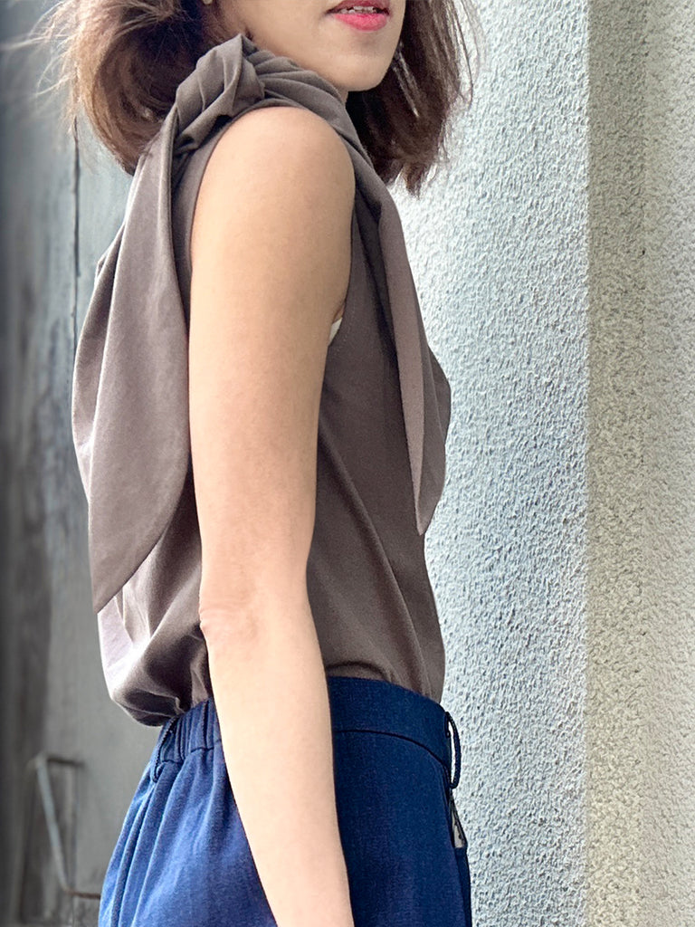 Surprise Sale! Taupe Grey Asymmetric Tie Knot Detail Boat Neck Tee