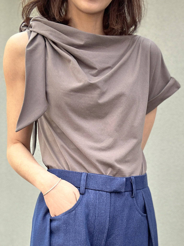 Surprise Sale! Taupe Grey Asymmetric Tie Knot Detail Boat Neck Tee