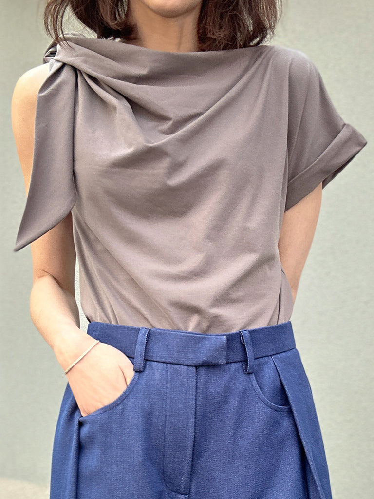Surprise Sale! Taupe Grey Asymmetric Tie Knot Detail Boat Neck Tee