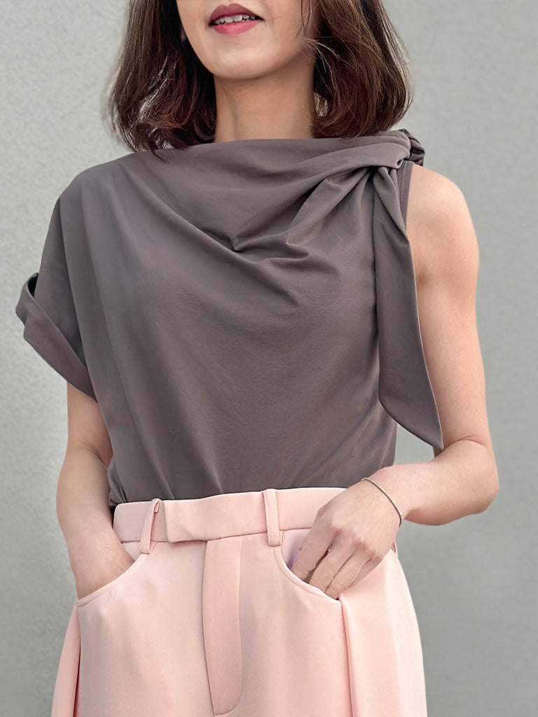 Surprise Sale! Taupe Grey Asymmetric Tie Knot Detail Boat Neck Tee