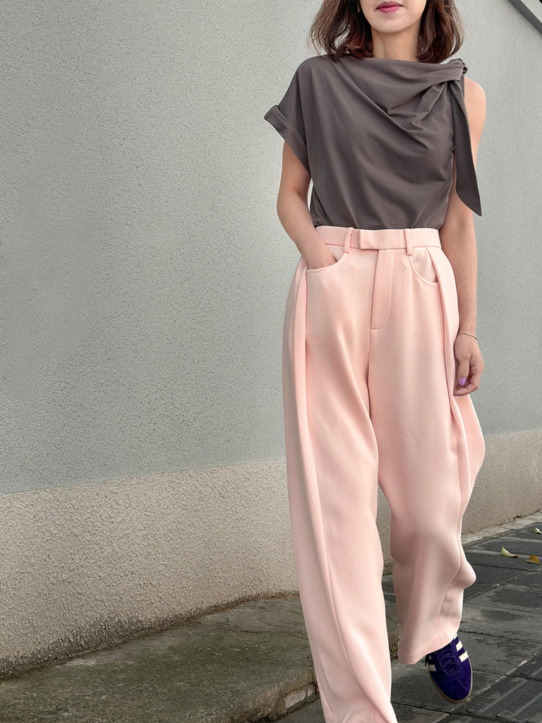 Surprise Sale! Taupe Grey Asymmetric Tie Knot Detail Boat Neck Tee