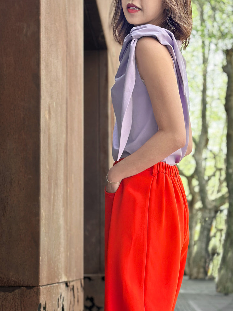 Surprise Sale! Spring Purple Asymmetric Tie Knot Detail Boat Neck Tee