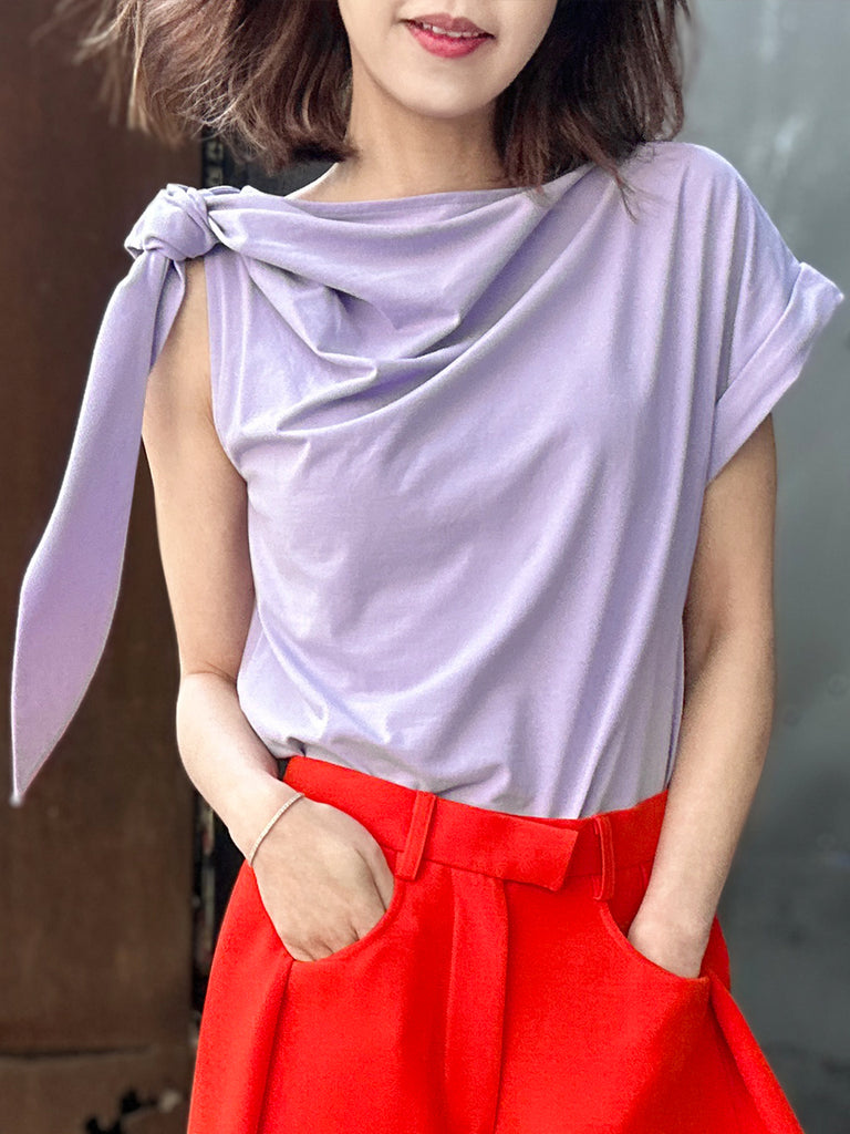 Surprise Sale! Spring Purple Asymmetric Tie Knot Detail Boat Neck Tee