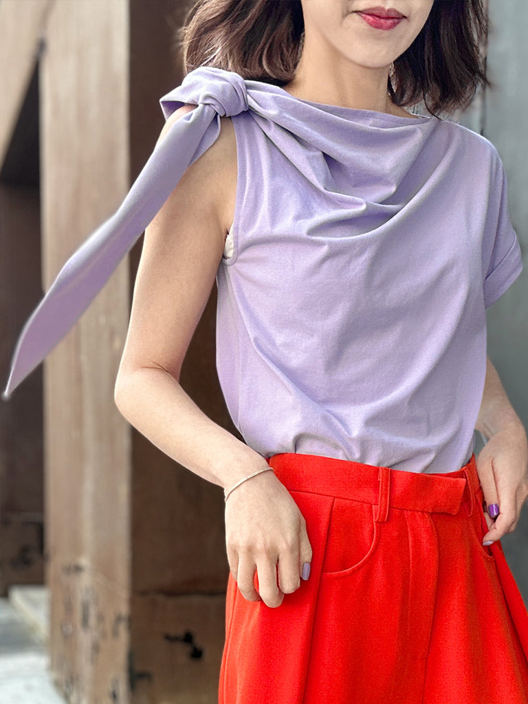 Surprise Sale! Spring Purple Asymmetric Tie Knot Detail Boat Neck Tee
