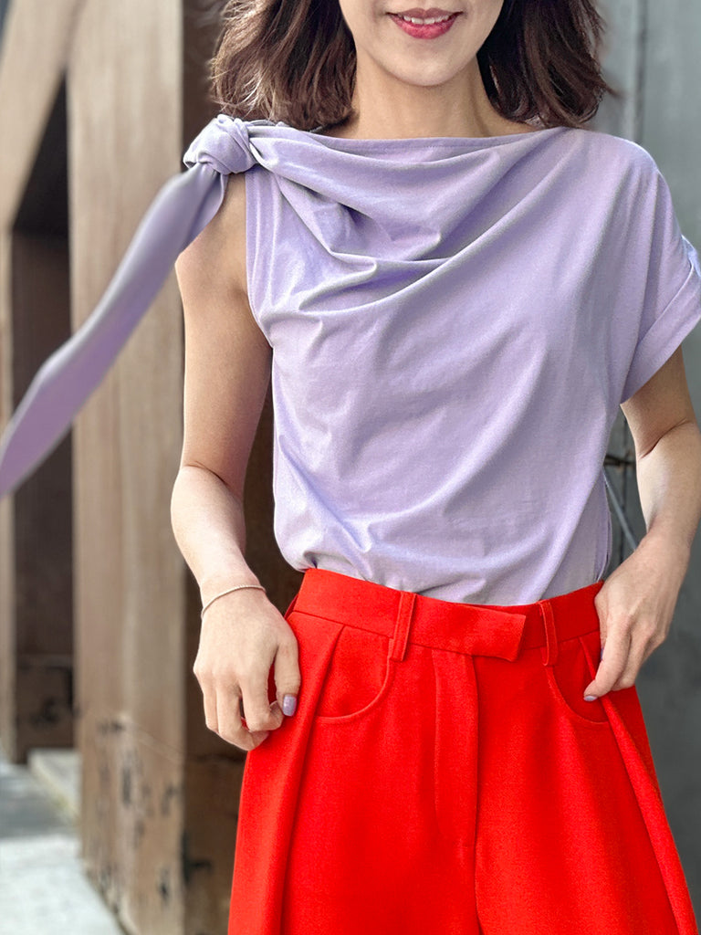 Surprise Sale! Spring Purple Asymmetric Tie Knot Detail Boat Neck Tee