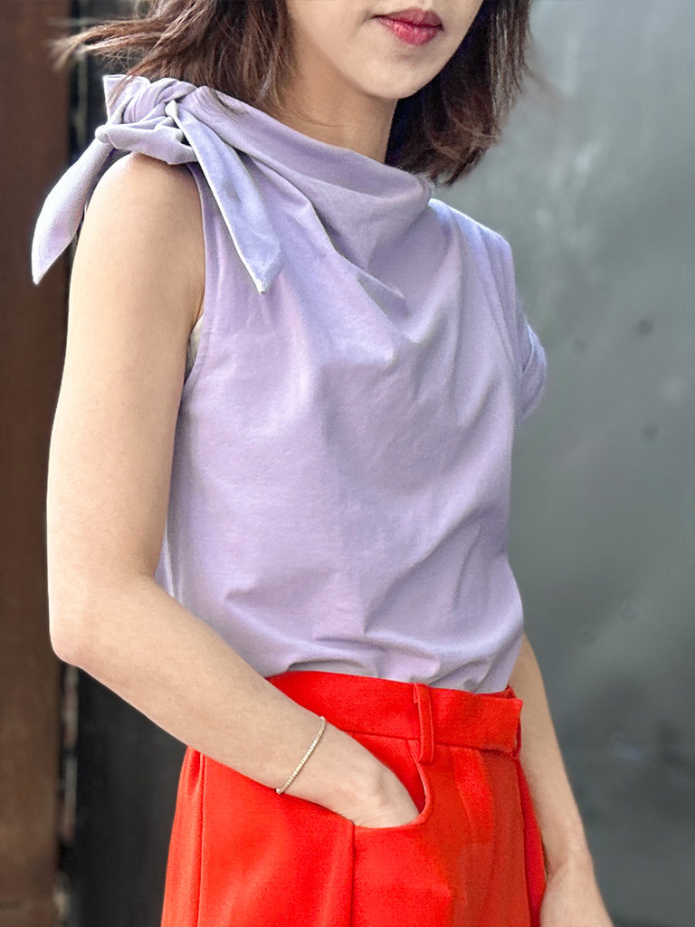Surprise Sale! Spring Purple Asymmetric Tie Knot Detail Boat Neck Tee