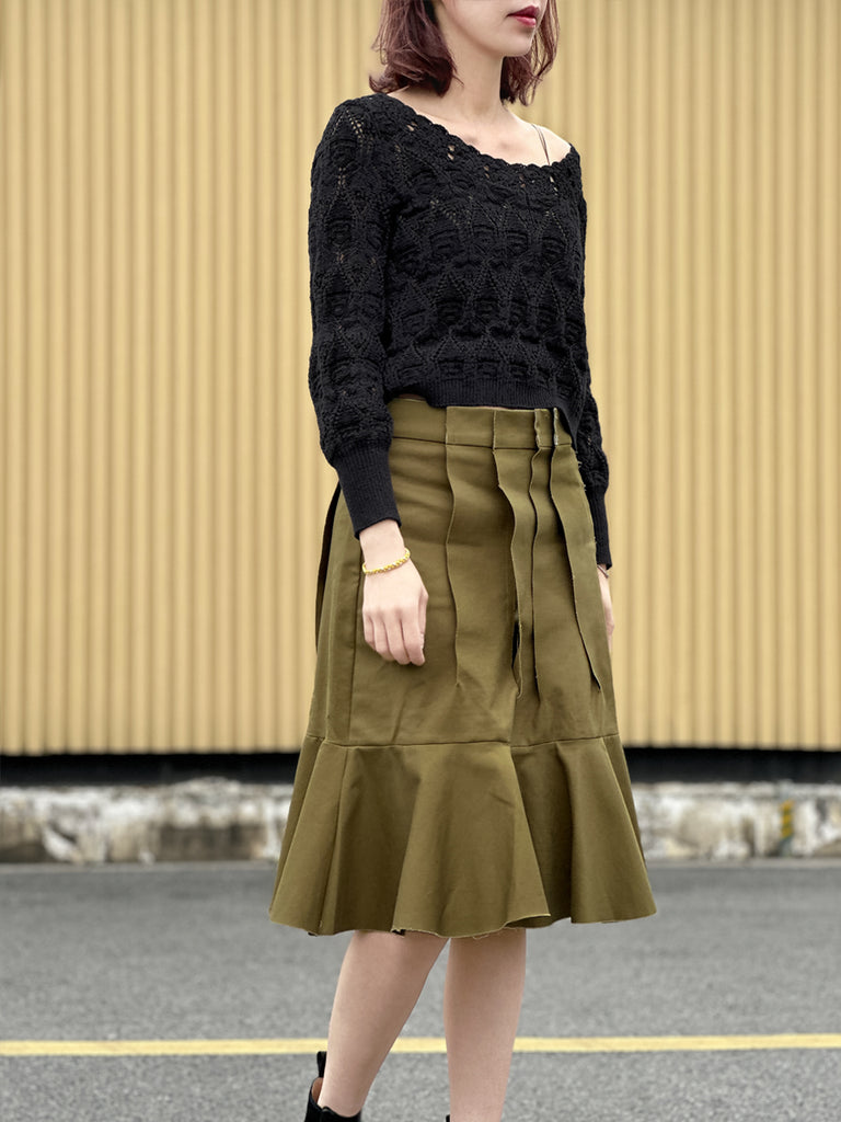 Surprise Sale! Green Pleated Detail Satin Patch Knee-length Skirt