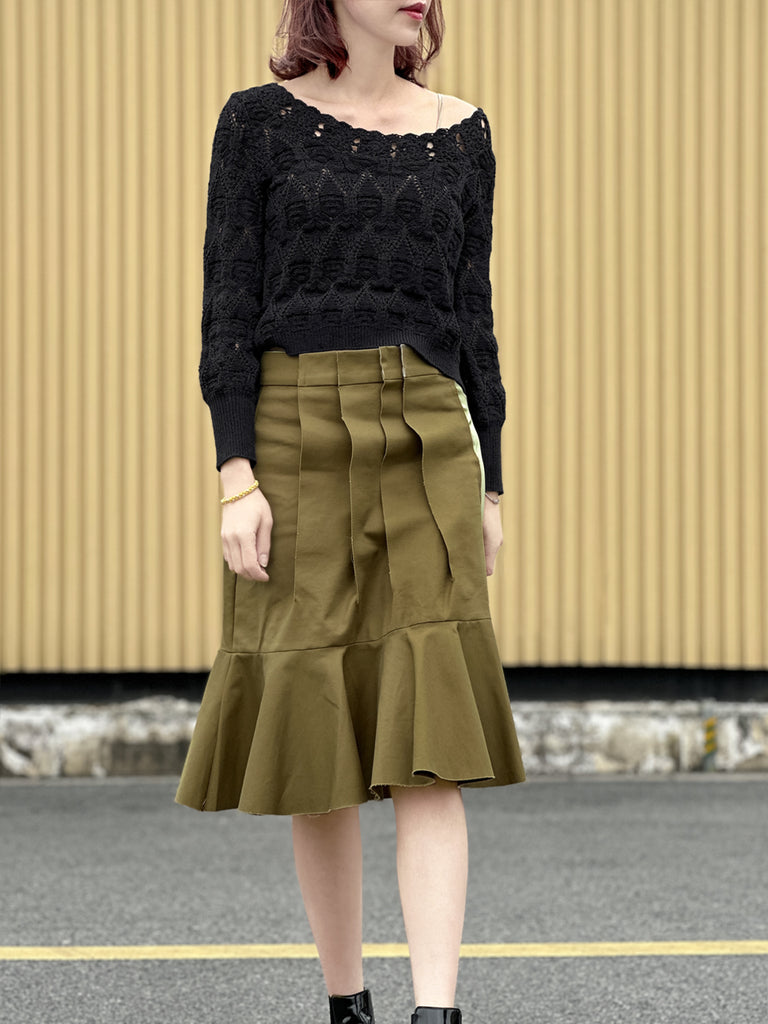 Surprise Sale! Green Pleated Detail Satin Patch Knee-length Skirt