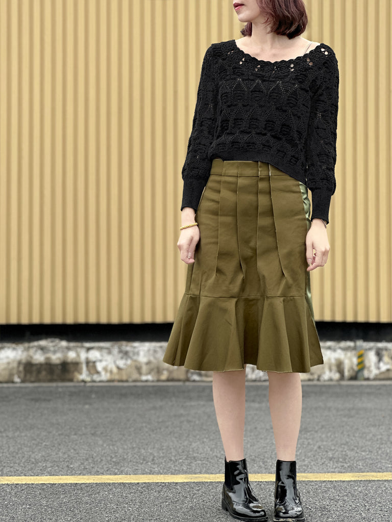 Surprise Sale! Green Pleated Detail Satin Patch Knee-length Skirt