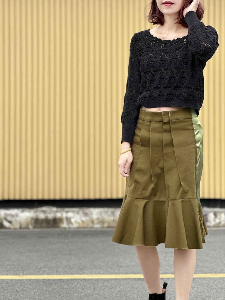 Surprise Sale! Green Pleated Detail Satin Patch Knee-length Skirt