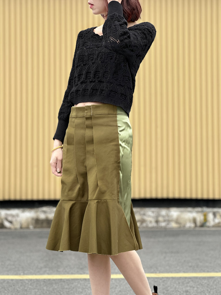 Surprise Sale! Green Pleated Detail Satin Patch Knee-length Skirt