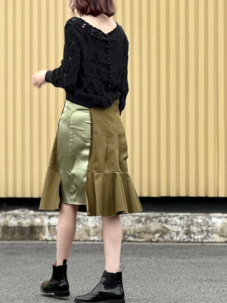 Surprise Sale! Green Pleated Detail Satin Patch Knee-length Skirt