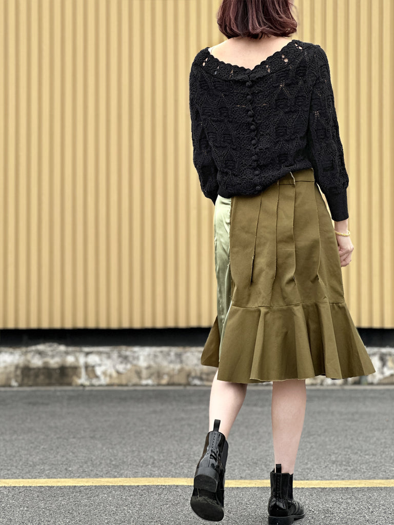 Surprise Sale! Green Pleated Detail Satin Patch Knee-length Skirt