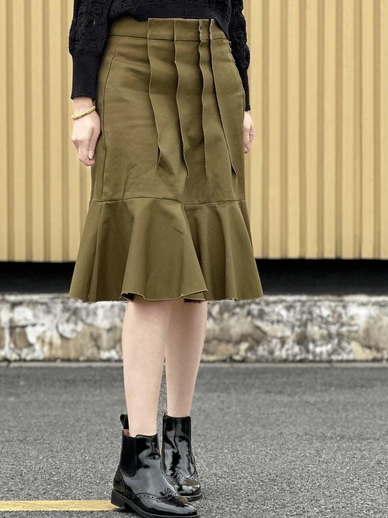 Surprise Sale! Green Pleated Detail Satin Patch Knee-length Skirt