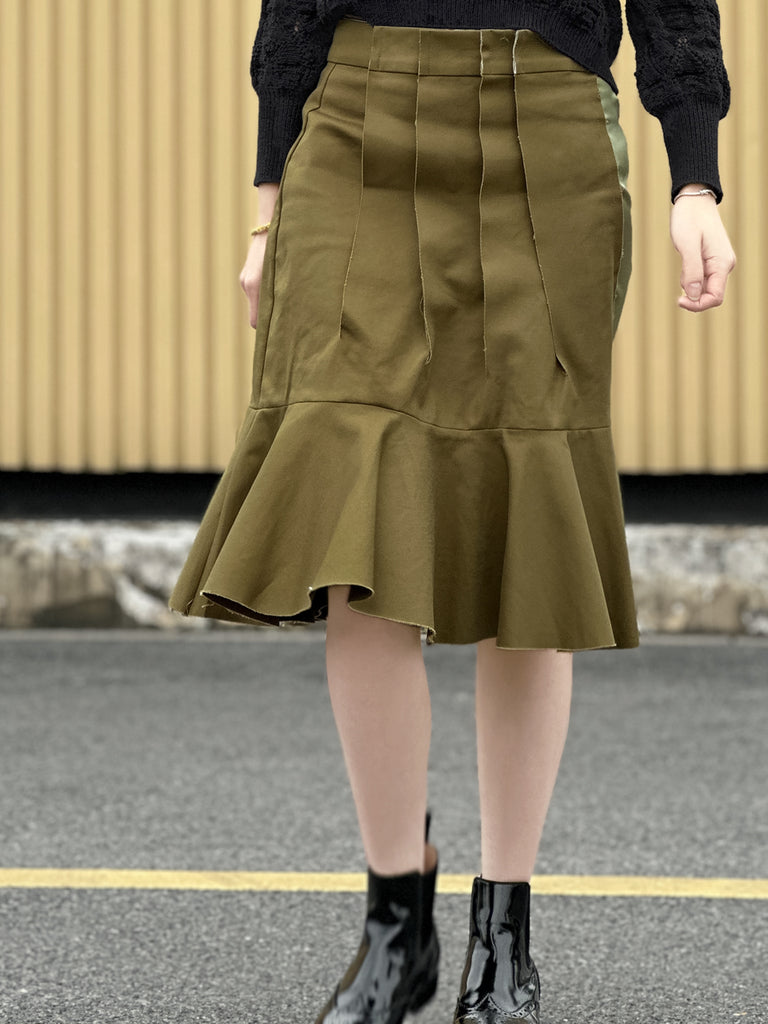 Surprise Sale! Green Pleated Detail Satin Patch Knee-length Skirt