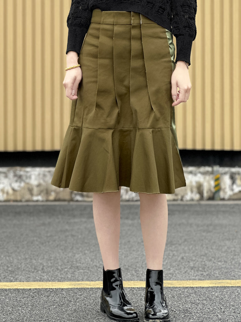 Surprise Sale! Green Pleated Detail Satin Patch Knee-length Skirt