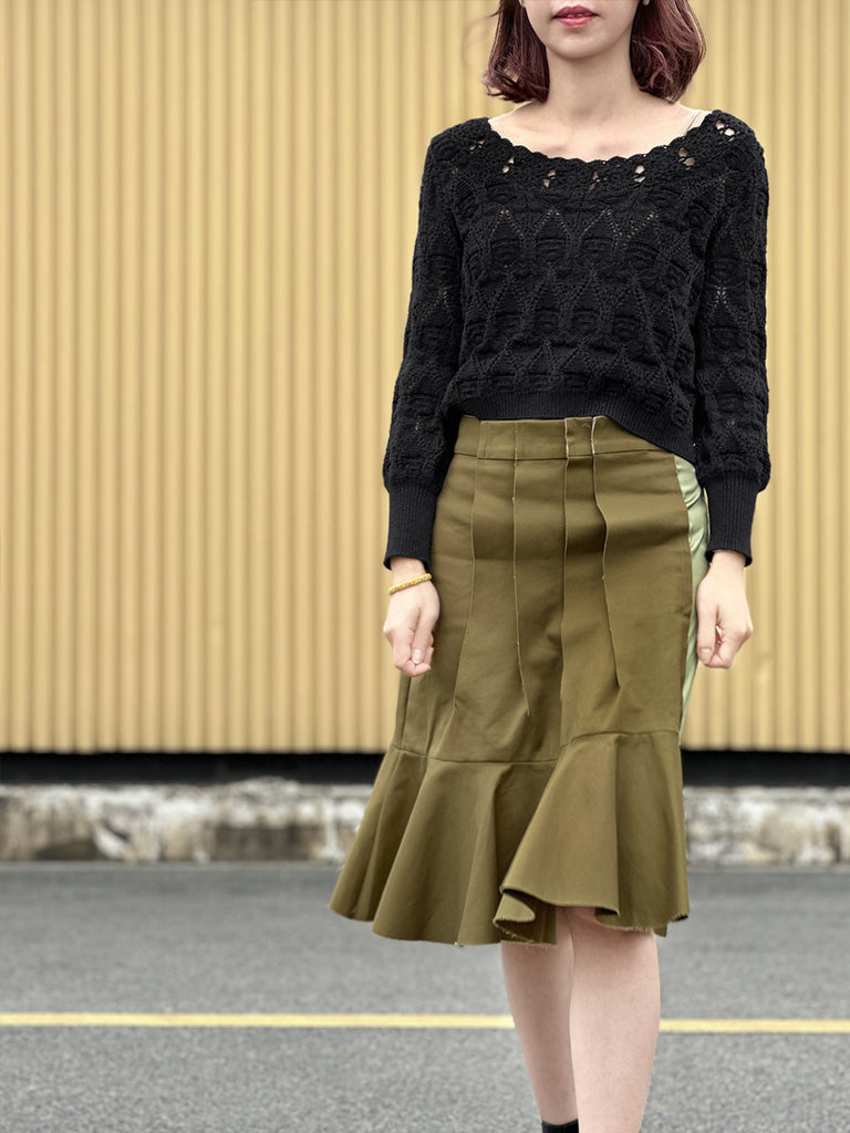 Surprise Sale! Green Pleated Detail Satin Patch Knee-length Skirt