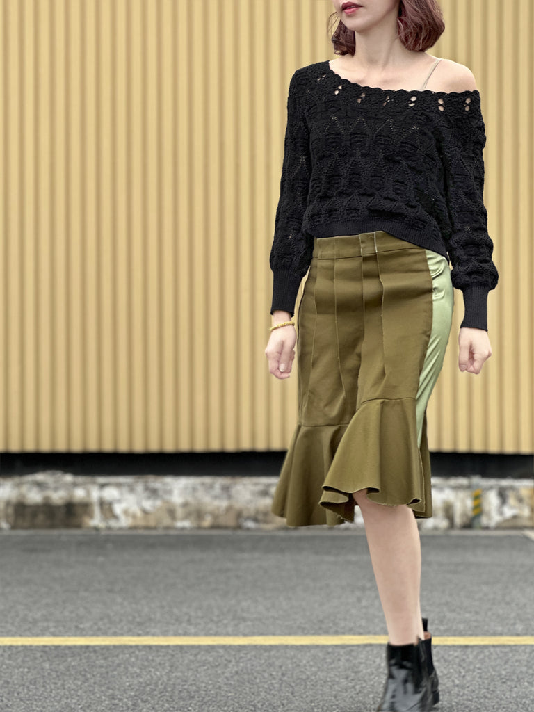 Surprise Sale! Green Pleated Detail Satin Patch Knee-length Skirt