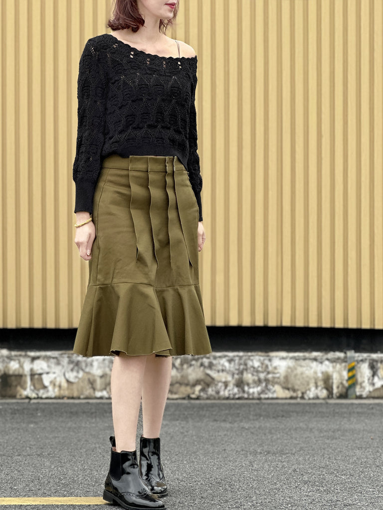 Surprise Sale! Green Pleated Detail Satin Patch Knee-length Skirt