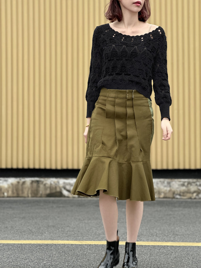 Surprise Sale! Green Pleated Detail Satin Patch Knee-length Skirt