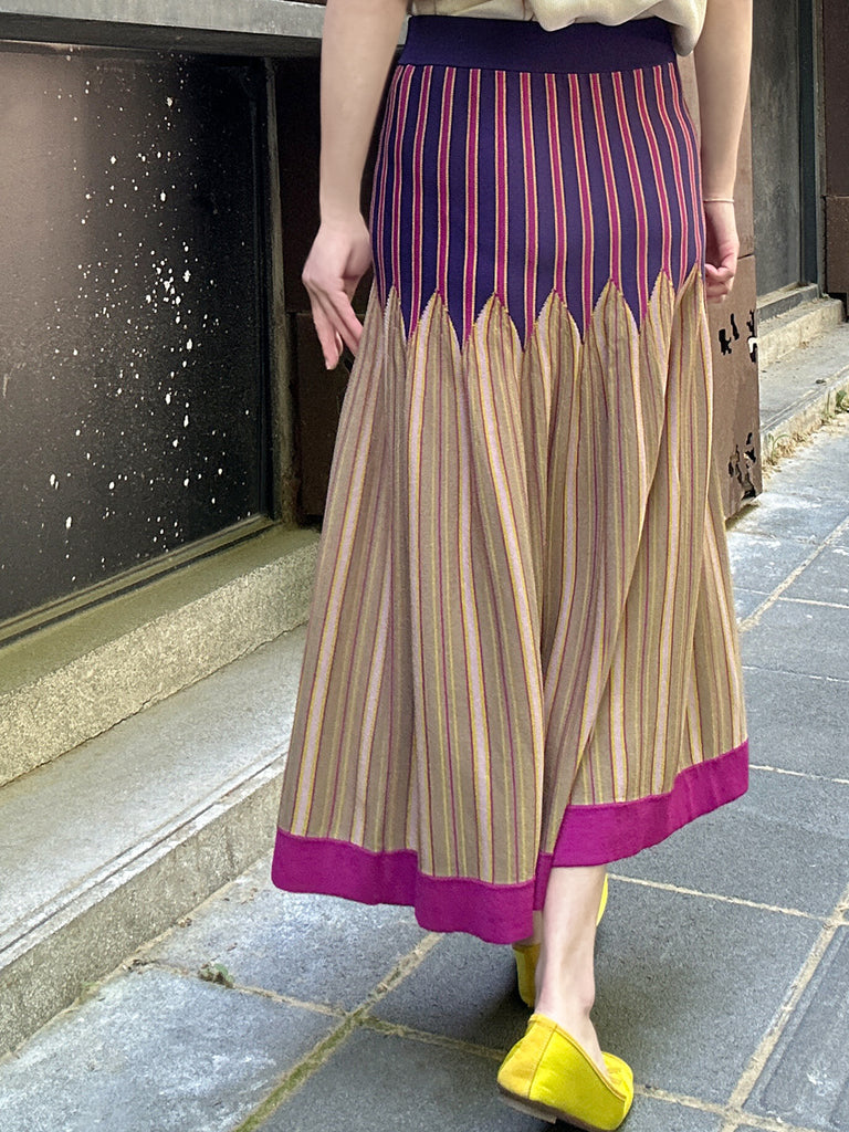 彩色條紋夏季針織修身喇叭形中長裙