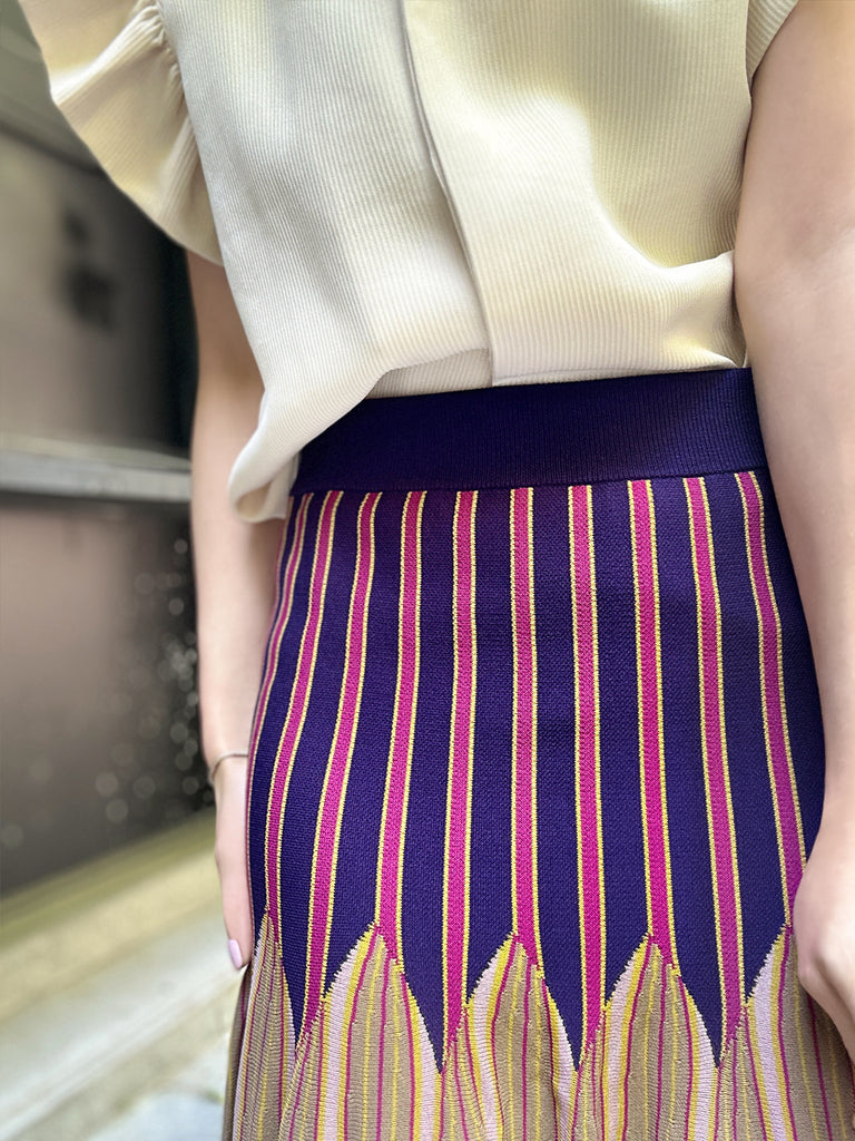 彩色條紋夏季針織修身喇叭形中長裙