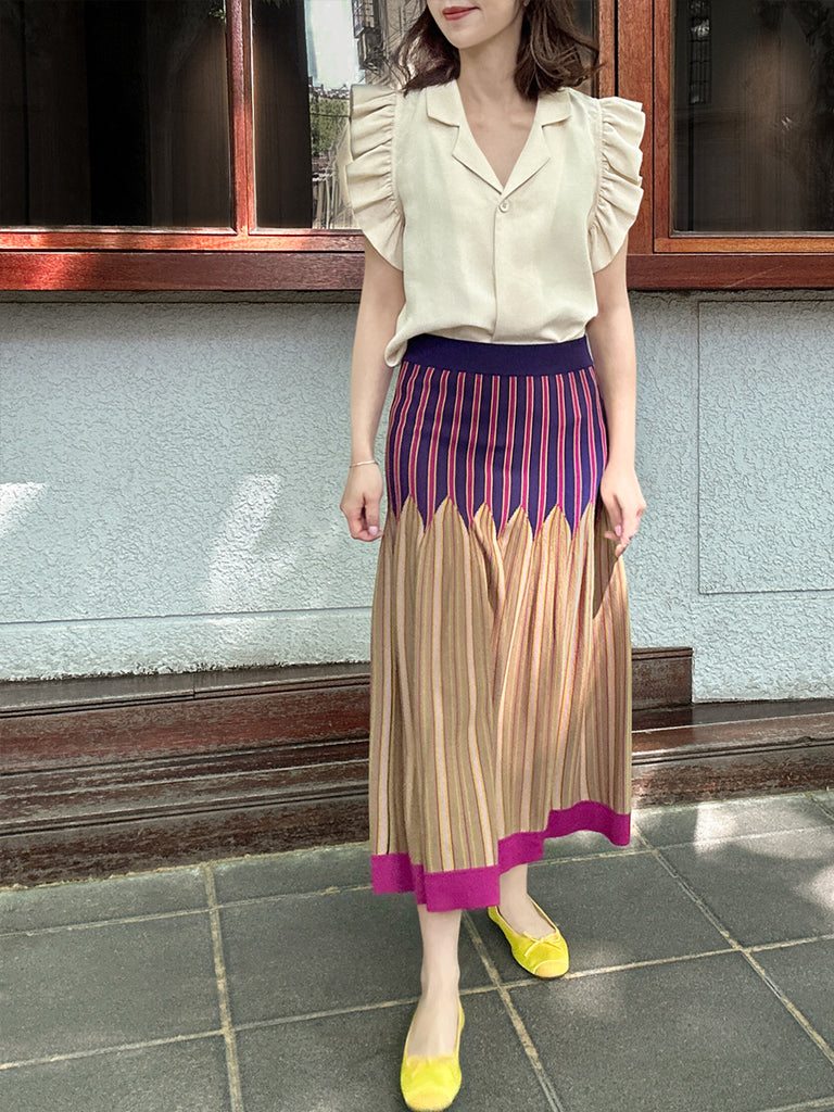 彩色條紋夏季針織修身喇叭形中長裙