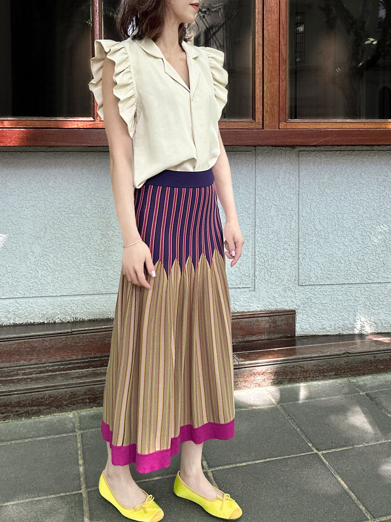 彩色條紋夏季針織修身喇叭形中長裙