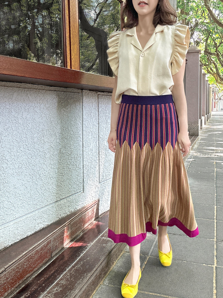 彩色條紋夏季針織修身喇叭形中長裙