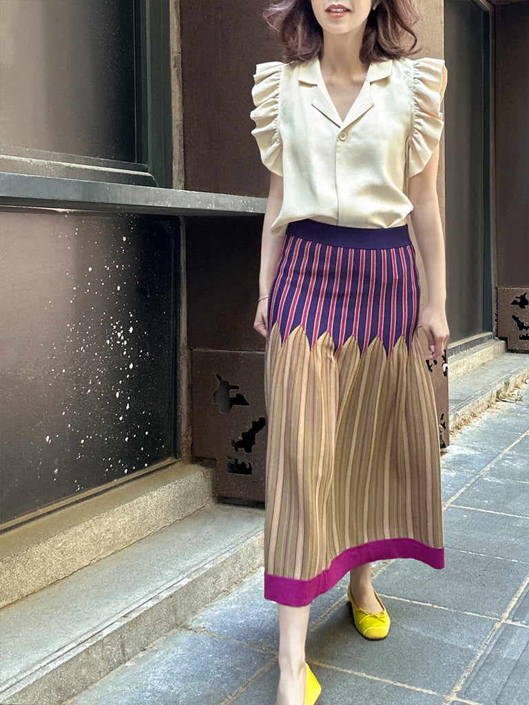 彩色條紋夏季針織修身喇叭形中長裙