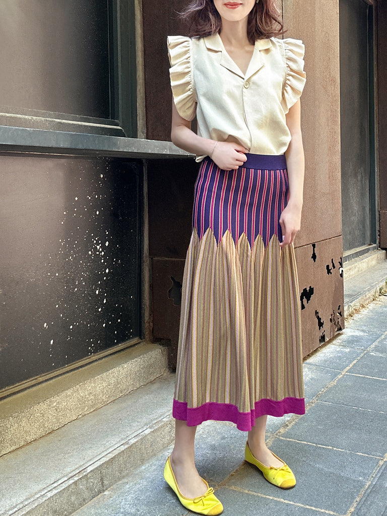 彩色條紋夏季針織修身喇叭形中長裙