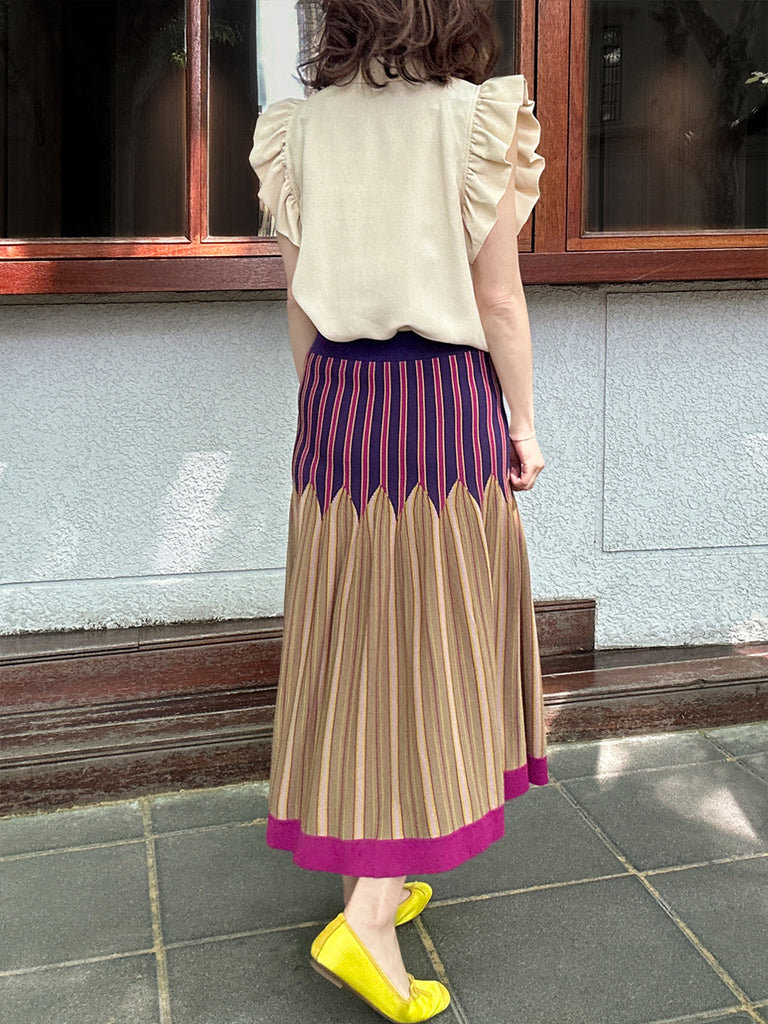 彩色條紋夏季針織修身喇叭形中長裙