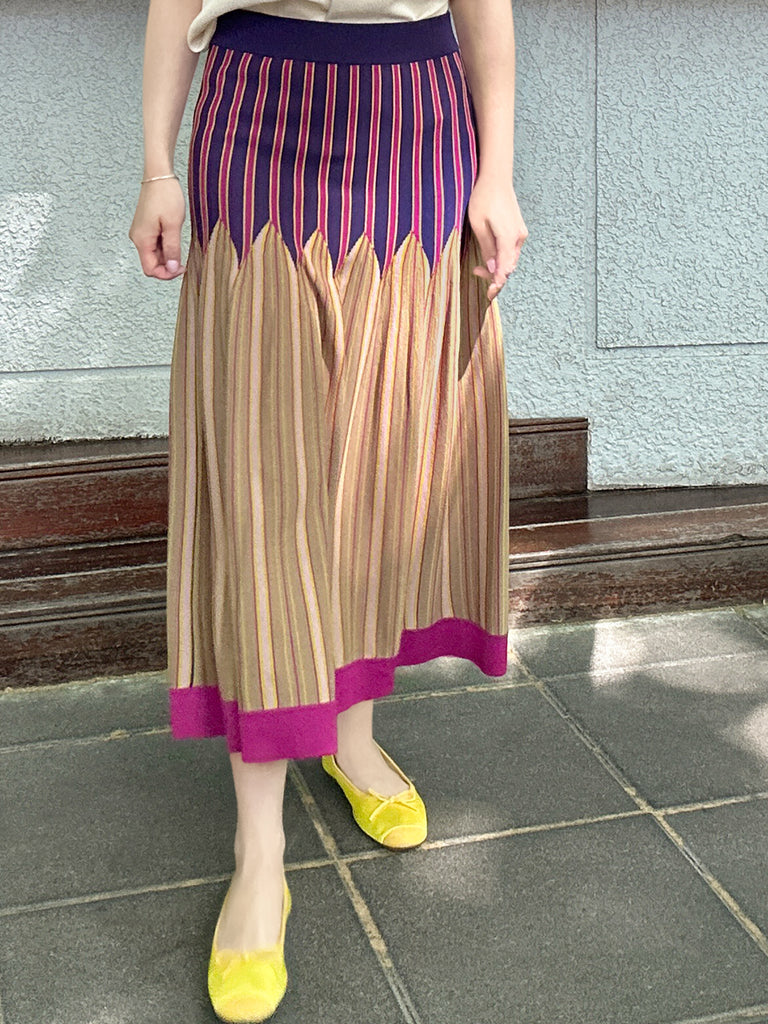 彩色條紋夏季針織修身喇叭形中長裙