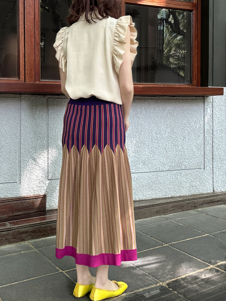 彩色條紋夏季針織修身喇叭形中長裙