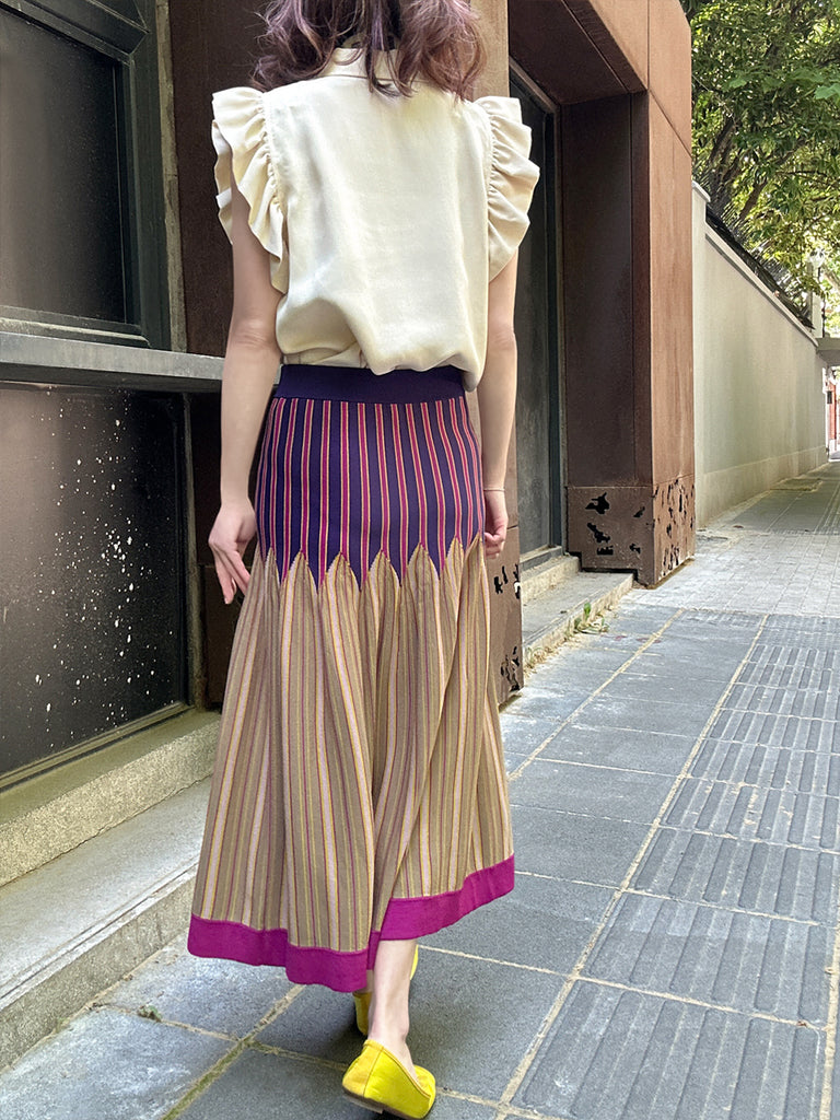 彩色條紋夏季針織修身喇叭形中長裙