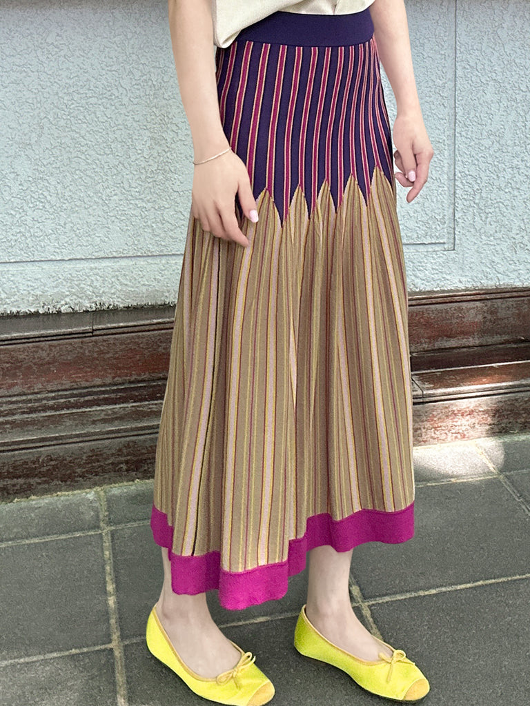 彩色條紋夏季針織修身喇叭形中長裙