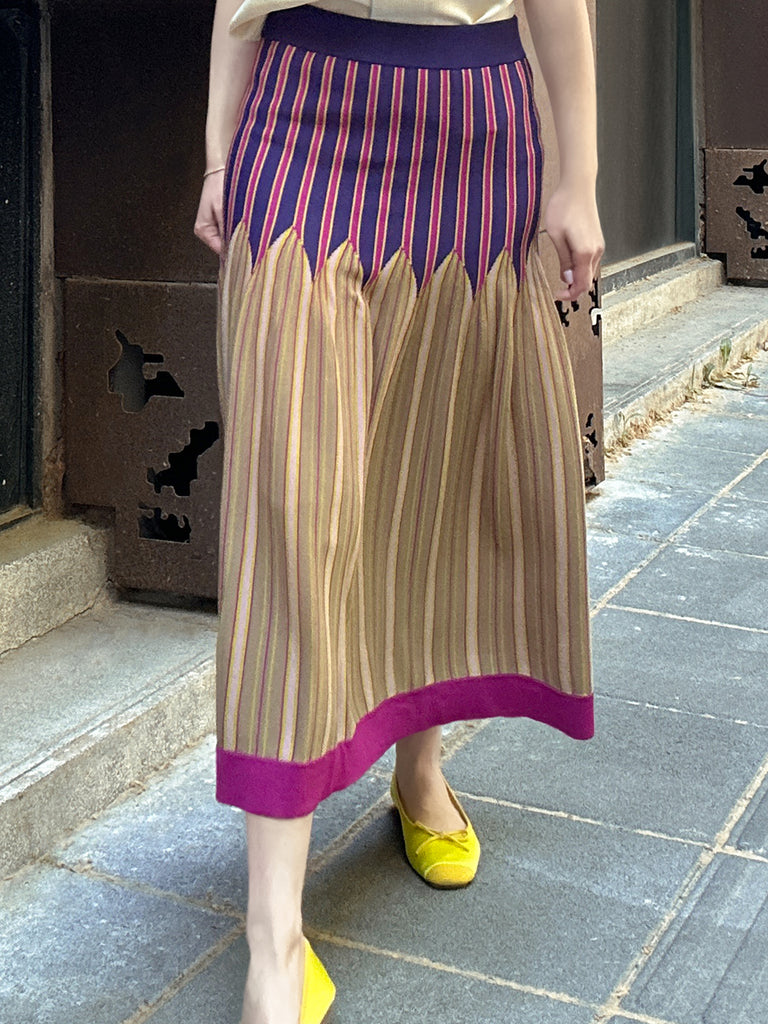 彩色條紋夏季針織修身喇叭形中長裙