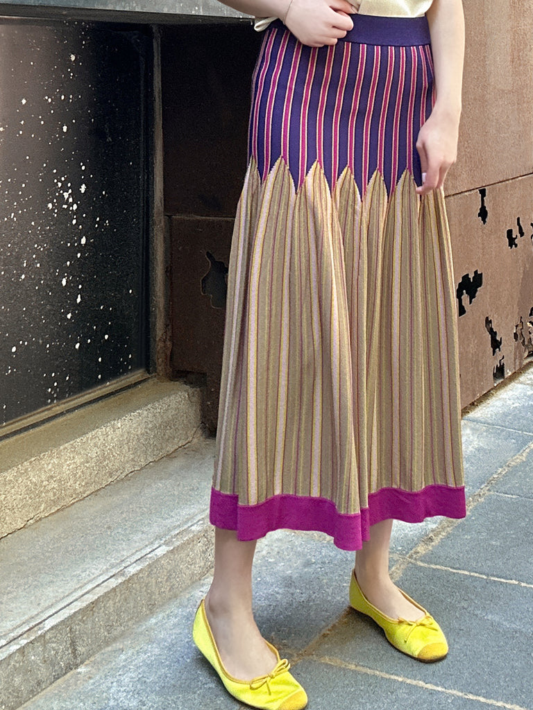 彩色條紋夏季針織修身喇叭形中長裙