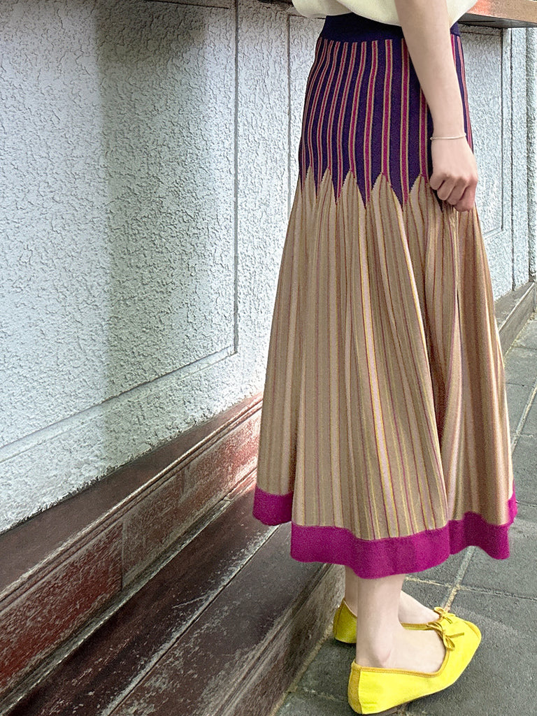 彩色條紋夏季針織修身喇叭形中長裙