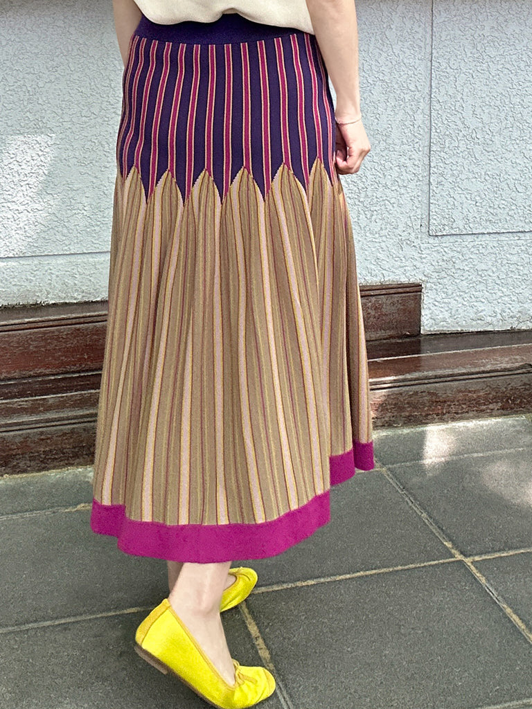 彩色條紋夏季針織修身喇叭形中長裙