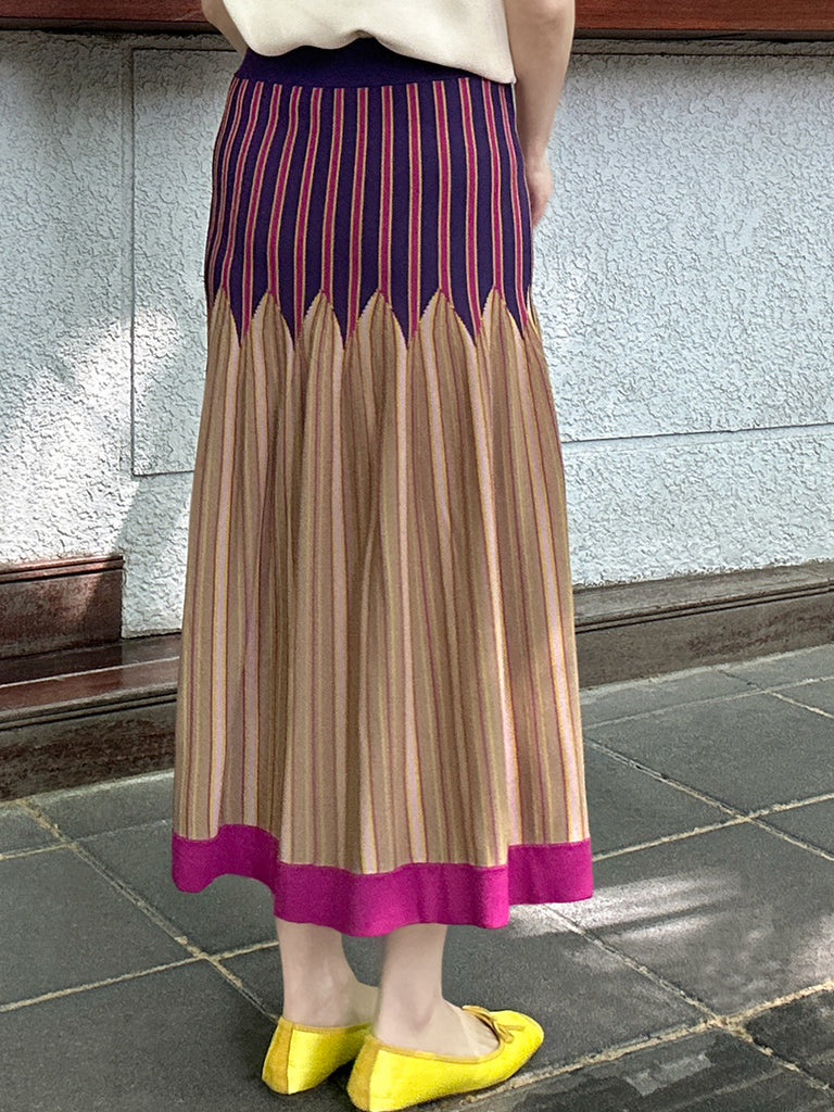彩色條紋夏季針織修身喇叭形中長裙
