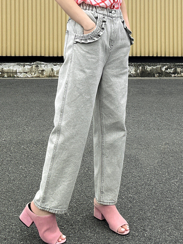 水洗灰白色荷葉邊口袋直筒牛仔褲