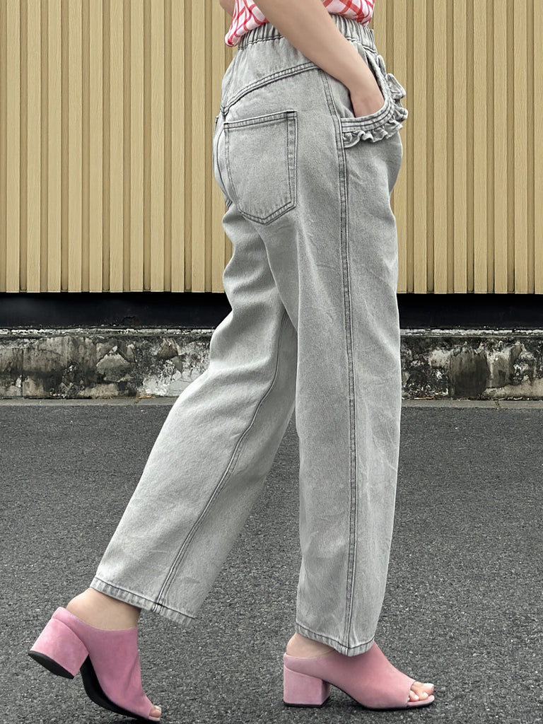 水洗灰白色荷葉邊口袋直筒牛仔褲