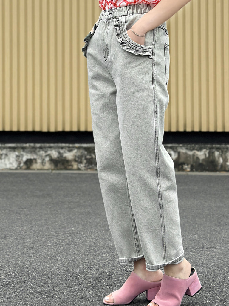 水洗灰白色荷葉邊口袋直筒牛仔褲