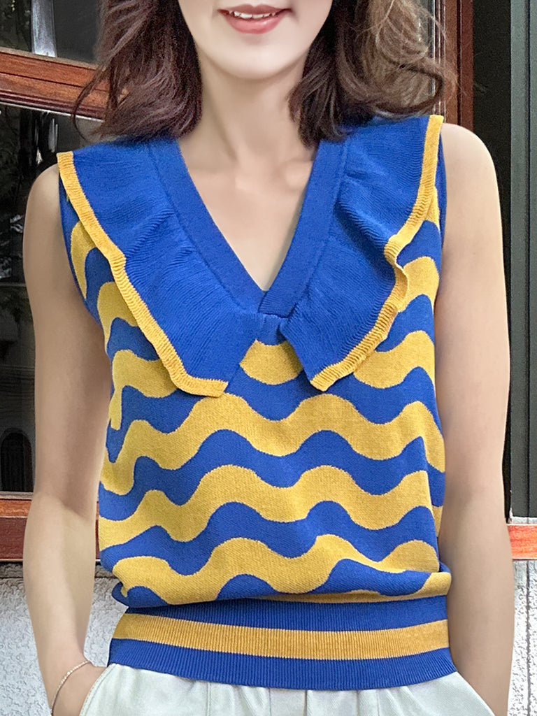 Surprise Sale! Blue/ Yellow Contrast Wavey Ruffle Collar Summer Knit Top