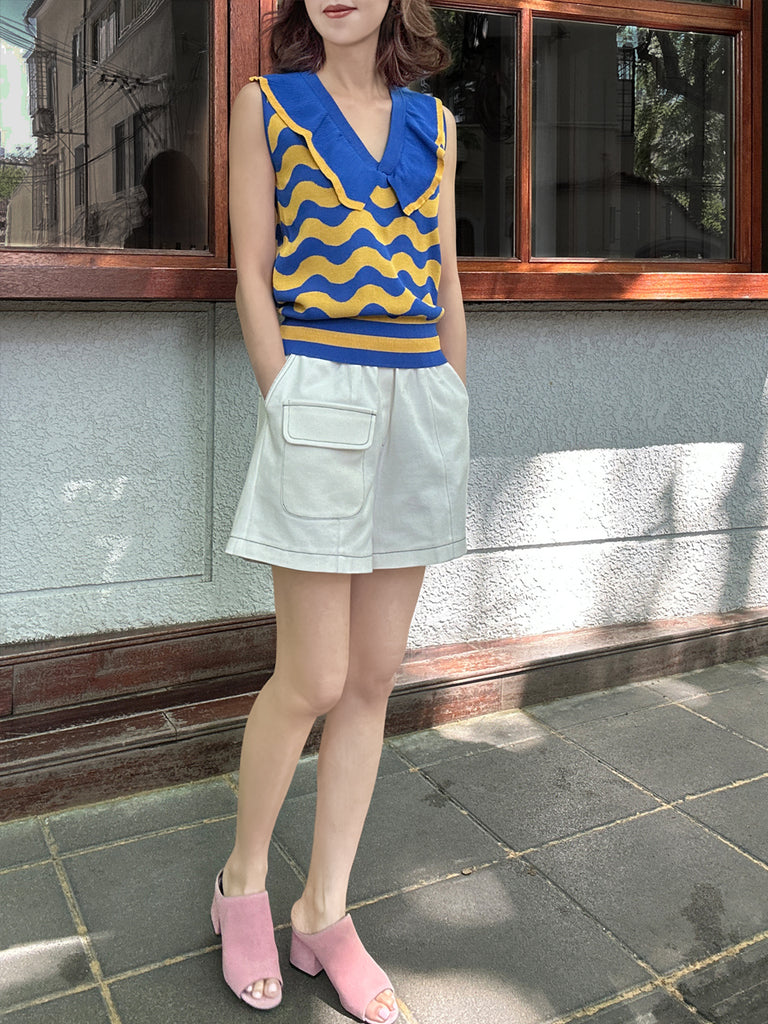 Surprise Sale! Blue/ Yellow Contrast Wavey Ruffle Collar Summer Knit Top