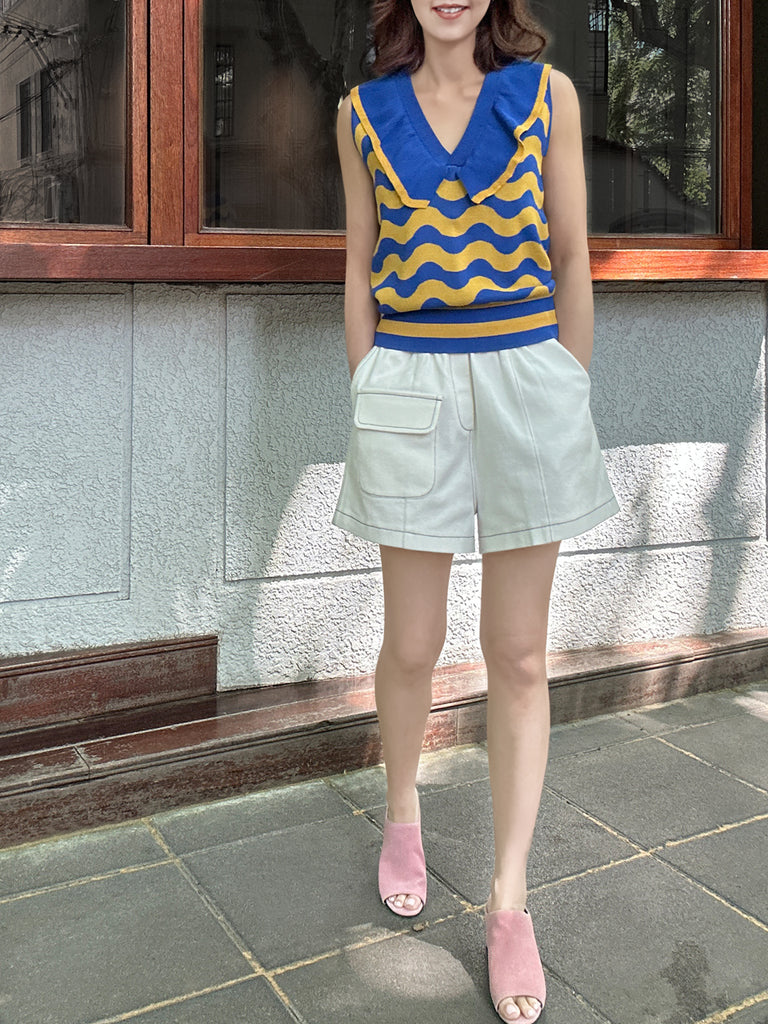 Surprise Sale! Blue/ Yellow Contrast Wavey Ruffle Collar Summer Knit Top
